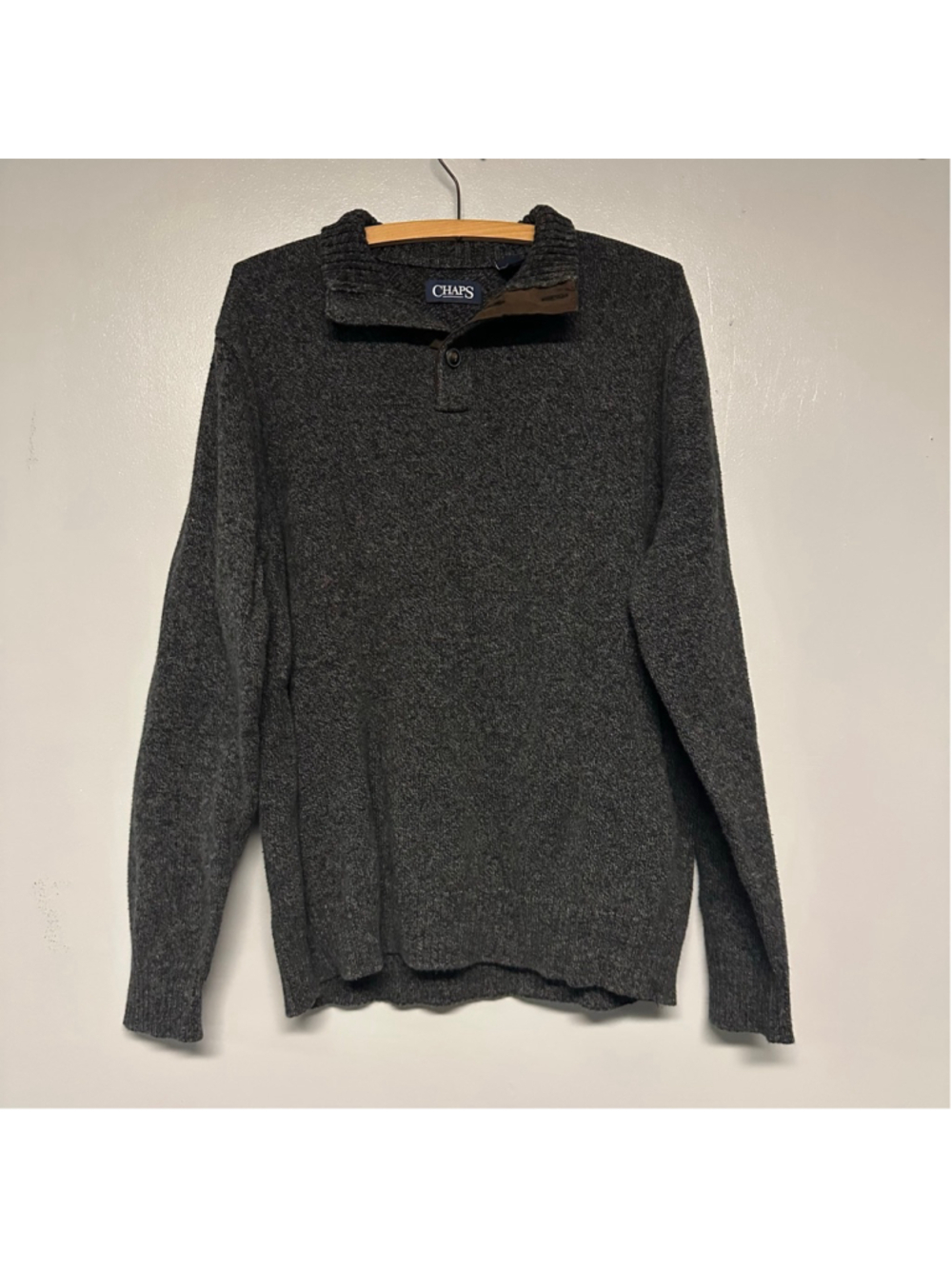 CHAPS Gray Sweater Brown Elbow Patches collared Button Men’s Large 100% Cotton